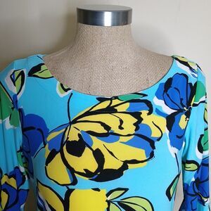 Pappagallo Shift Dress Womens Size S Blue Floral Ruffled Bell Sleeves Stretch